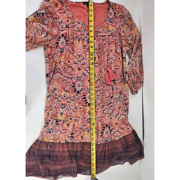 AS U Wish Sz L Peasant Tunic Dress Peach Navy POCKETS Hippie Boho Festival 3/4sl - Picture 14 of 16